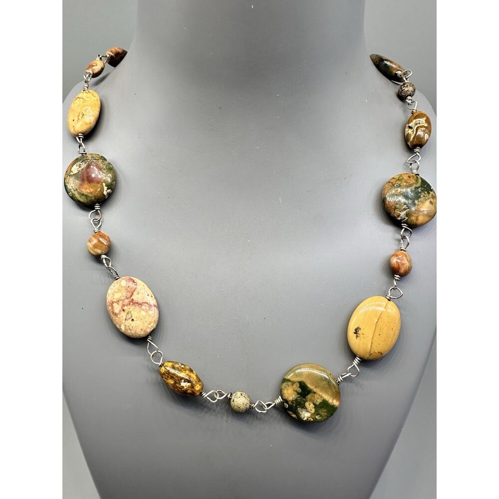 30” Agate & Jasper Stone Necklace  925 Sterling Silver